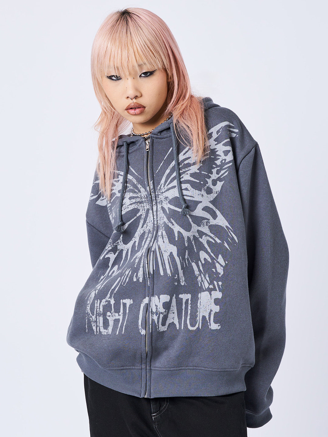Night Creature Grey Oversized Zip Up Hoodie