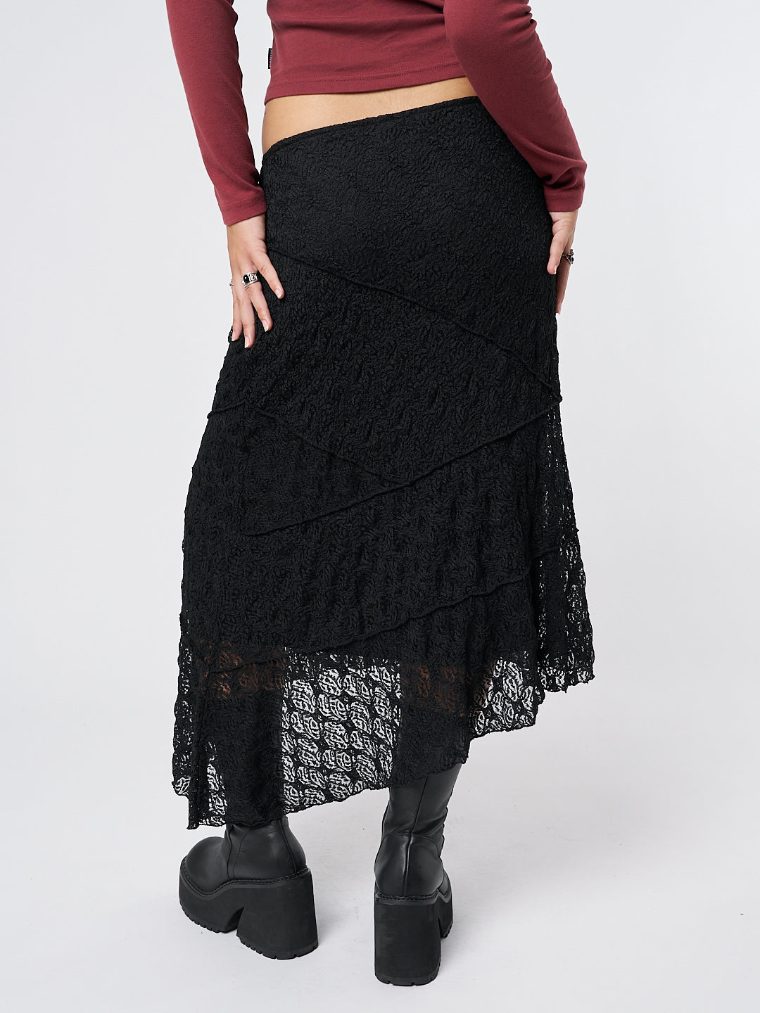 Nolia Black Lace Asymmetric Midi Skirt