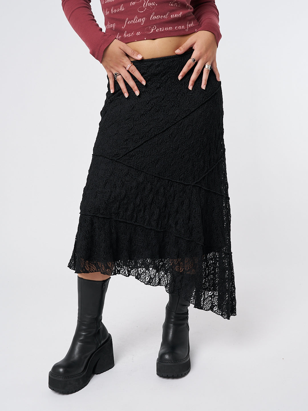 Nolia Black Lace Asymmetric Midi Skirt - Minga EU