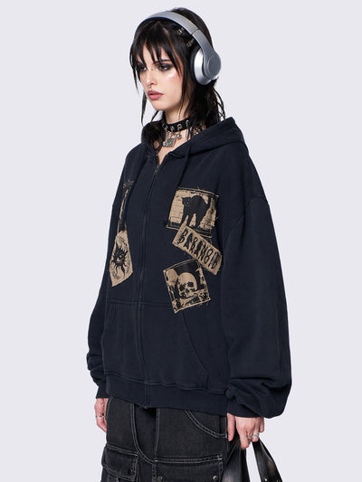 Black oversized zip-up hoodie jacket with beige grunge print patches