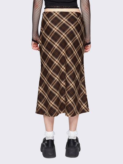 Flared midi skirt in brown and beige plaid check pattern