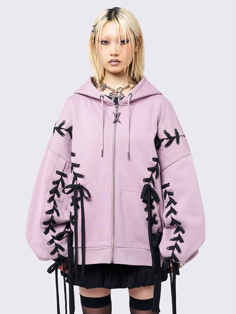 Pink Oversized Zip Up Hoodie with Black Lace Up | Minga