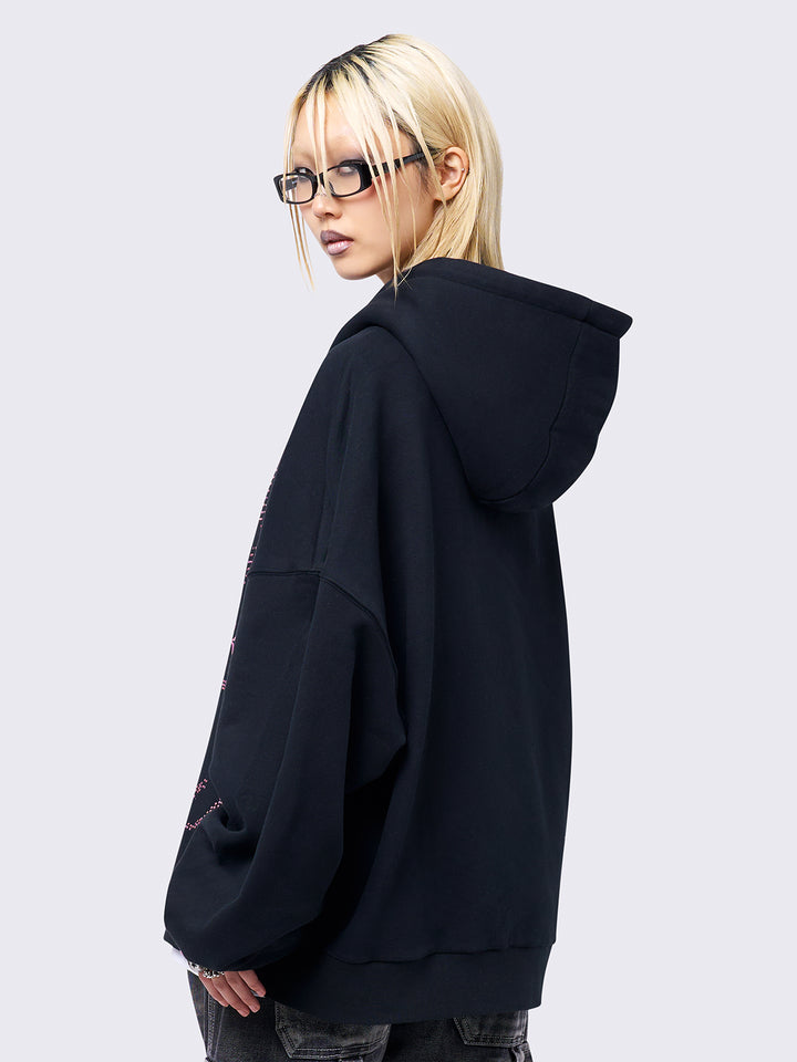 Oversized Grey Zip-Up Hoodie with Sigil Graphic Embroidery