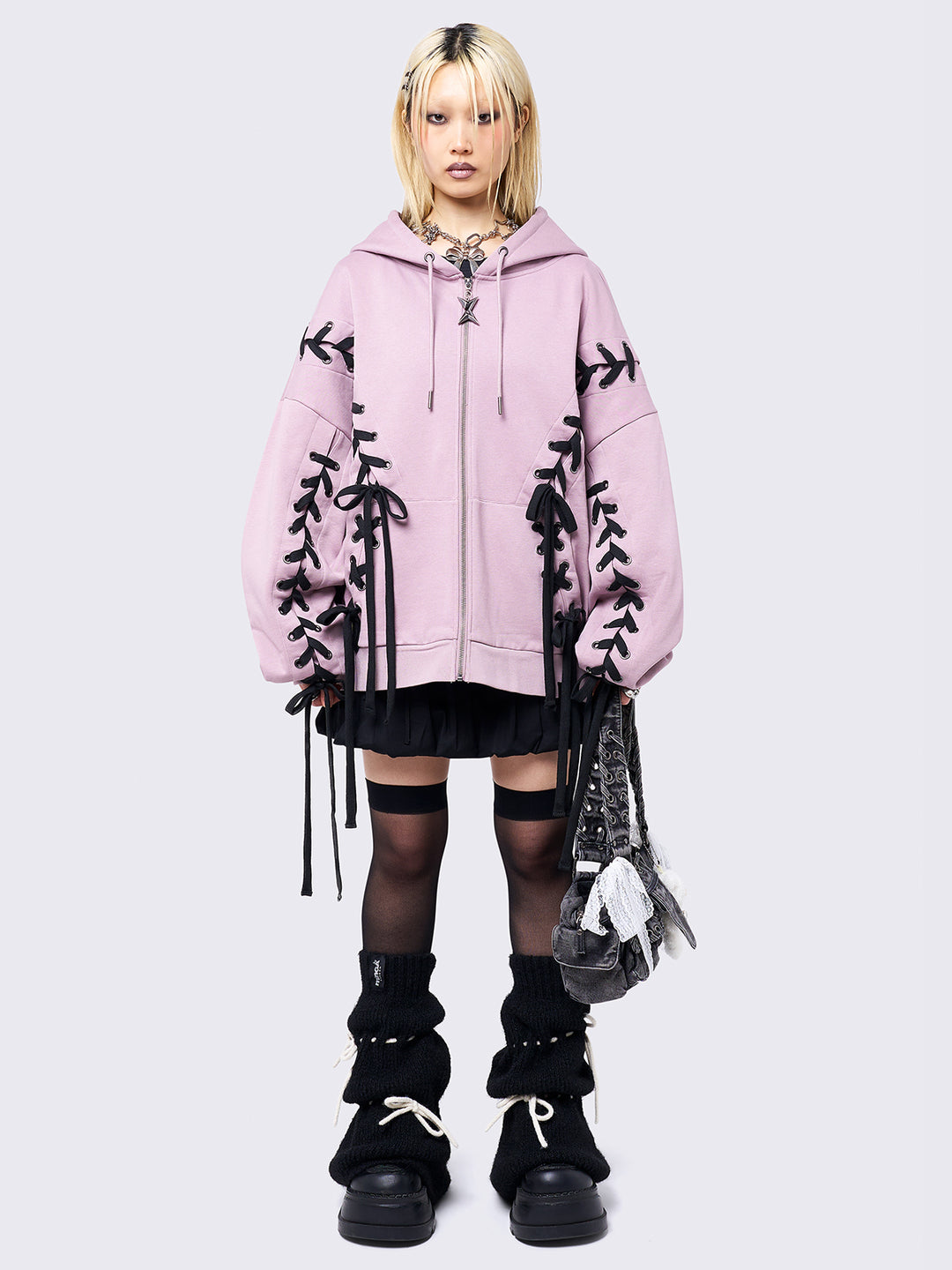Pink Oversized Zip Up Hoodie with Black Lace Up | Minga London