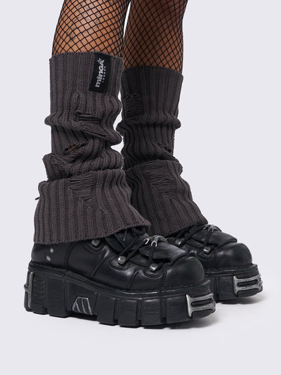 Knitted flare leg warmers in dark grey with distressed details