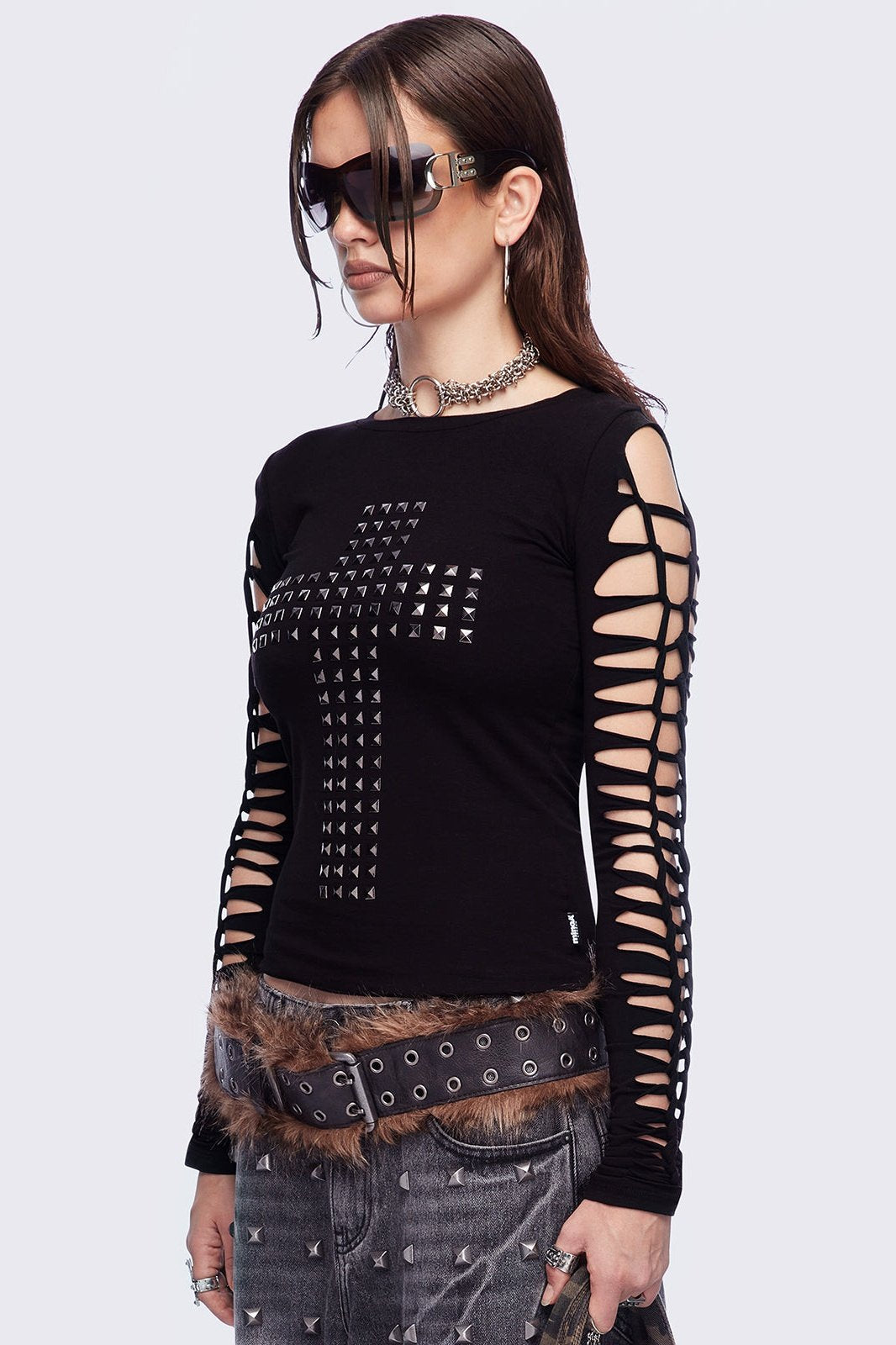 Studded Cross Black Top with Slashed Sleeves | Minga London