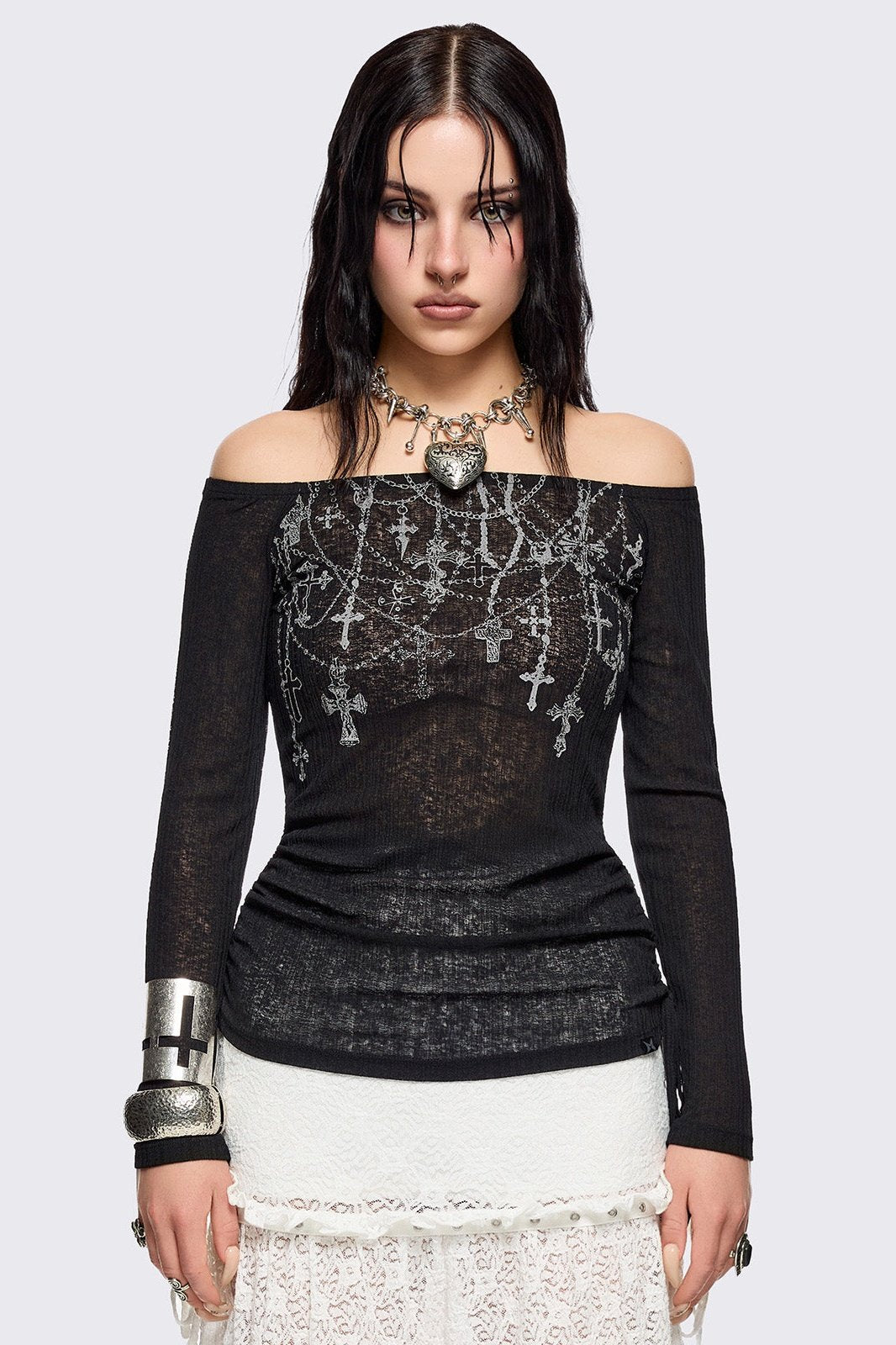 Black Off-Shoulder Top with Rosaries Graphic Print | Minga London