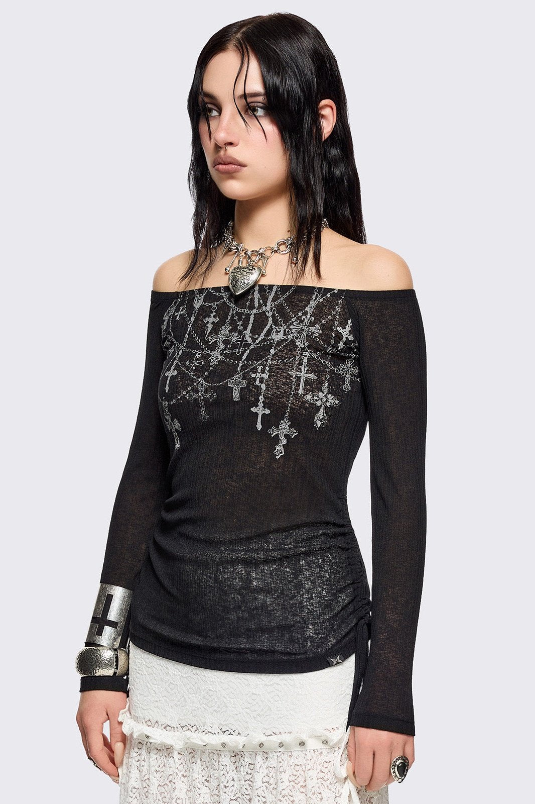 Black Off-Shoulder Top with Rosaries Graphic Print | Minga London