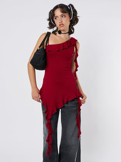 Scarlett Burgundy Asymmetric Frill Top - Minga EU
