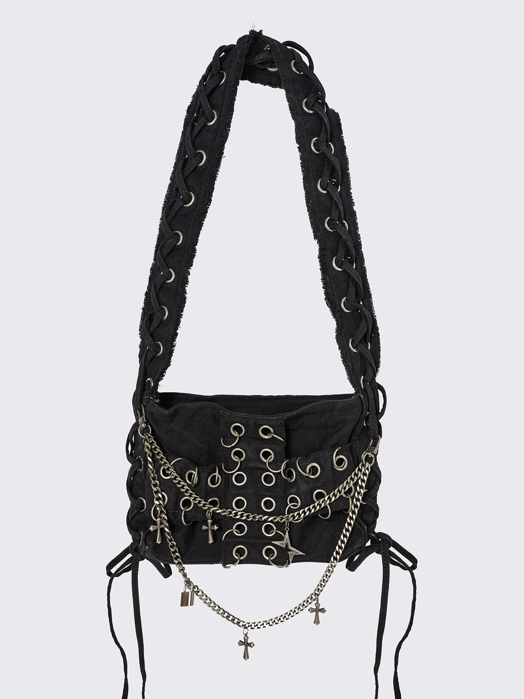 Black Crossbody Bag with Eyelet Cross and Lace Up | Minga London
