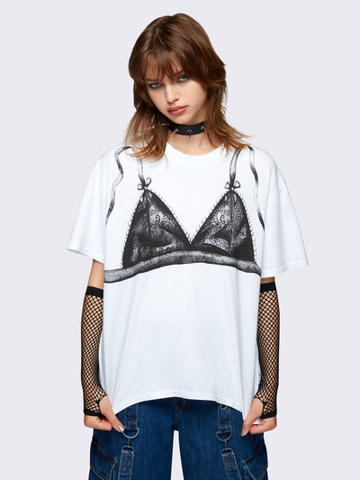 Oversized t-shirt in white with bra graphic print