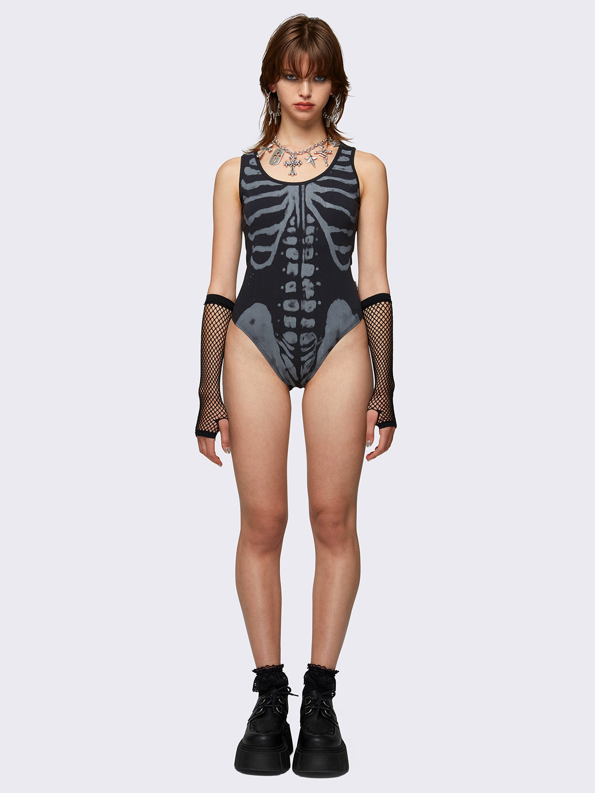 Black bodysuit with skeleton graphic print