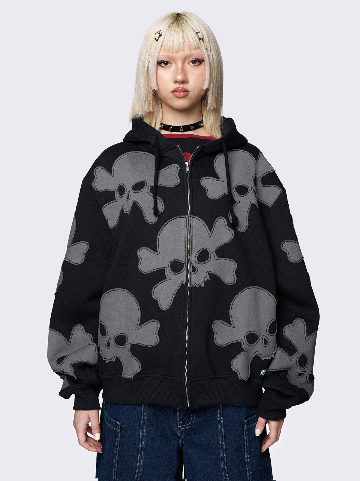 Skull Craft Patch Oversized Zip Up Hoodie