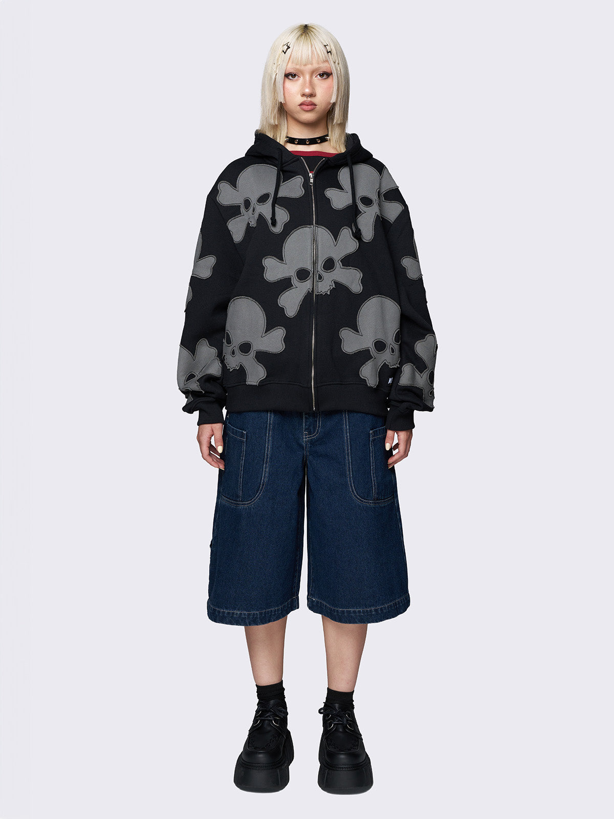 Skull Craft Patch Oversized Zip Up Hoodie