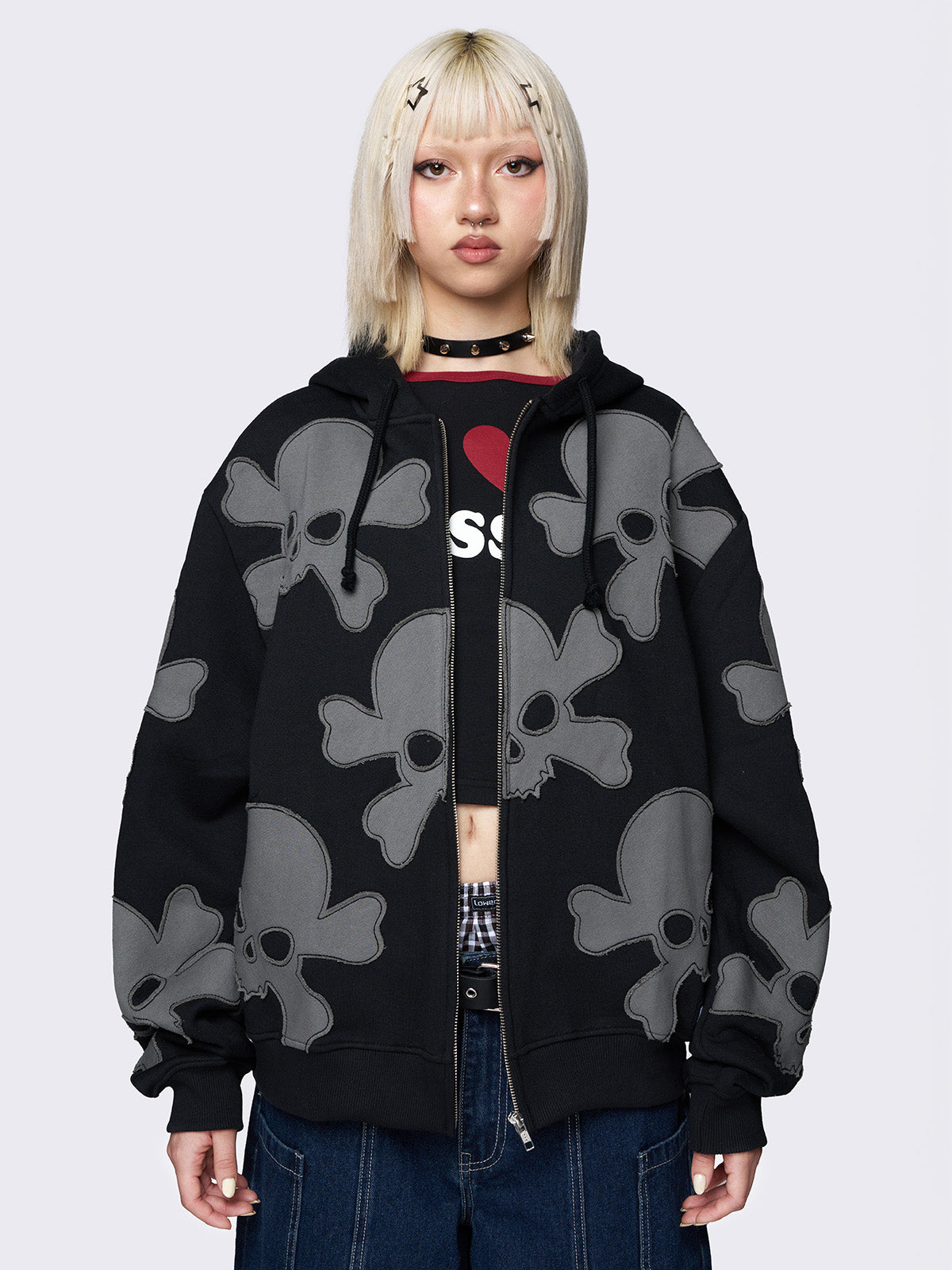 Skull Craft Patch Oversized Zip Up Hoodie