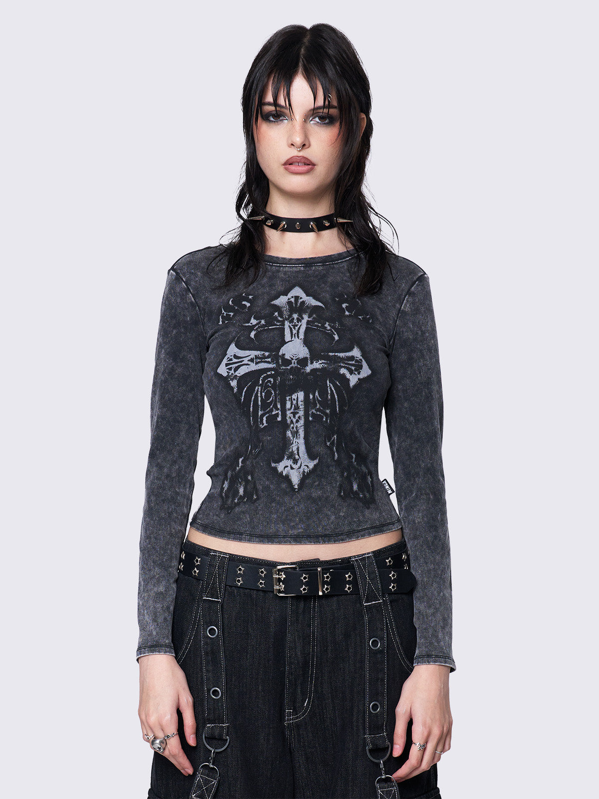 Long sleeve top in washed grey with skull cross front graphic print.