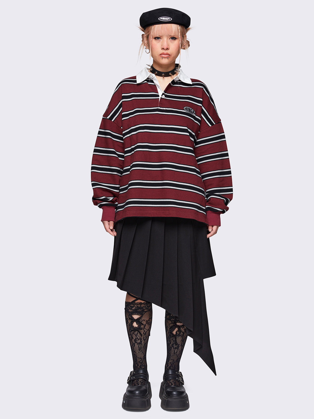 Striped oversized rugby polo in burgundy