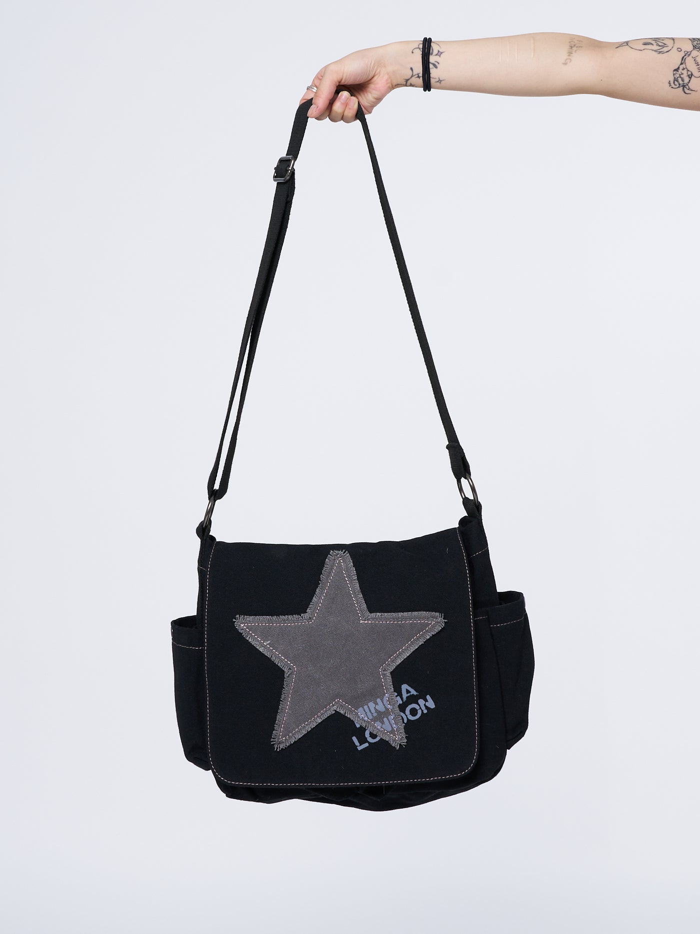 Black Canvas Messenger Bag with Grey Star Front Print | Minga London ...