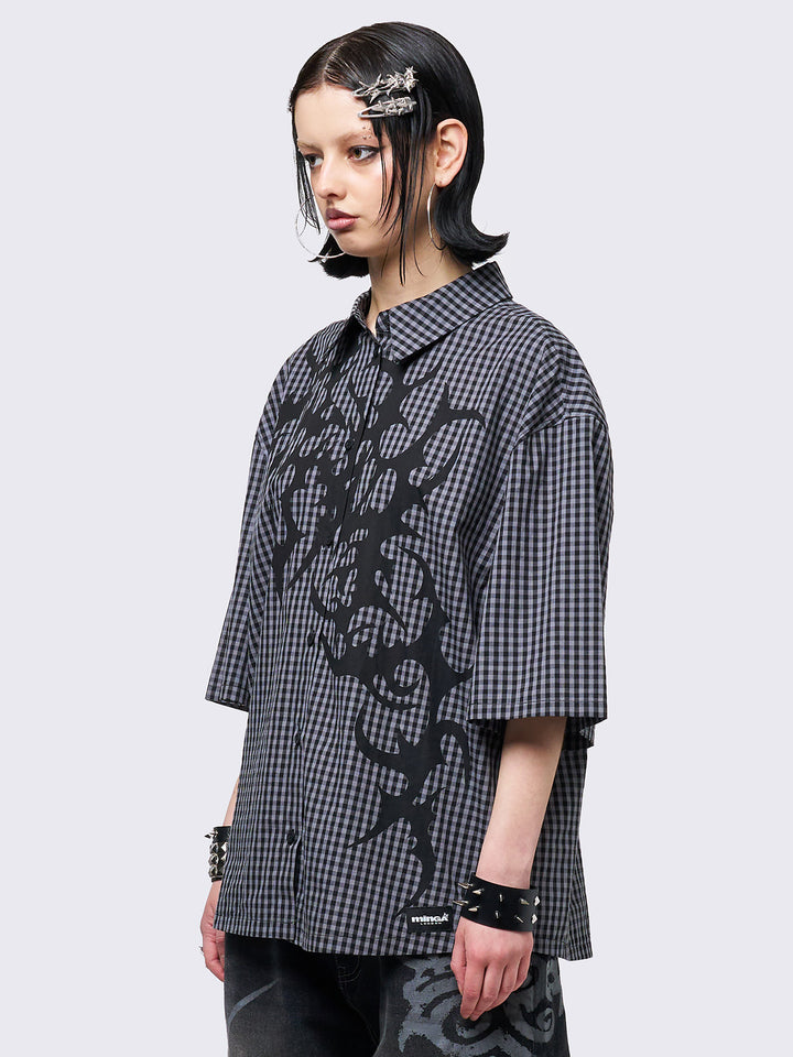Oversized Black and Grey Checkered Shirt with Sigilism Print