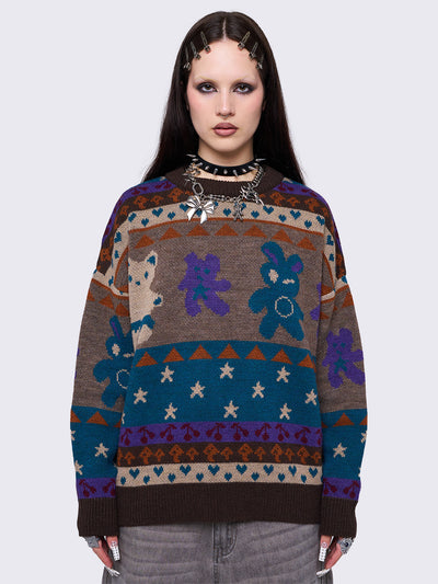 Jacquard knit jumper with playful motifs including teddy bear, stars, cherries and more.