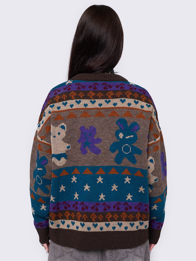 Jacquard knit jumper with playful motifs including teddy bear, stars, cherries and more.