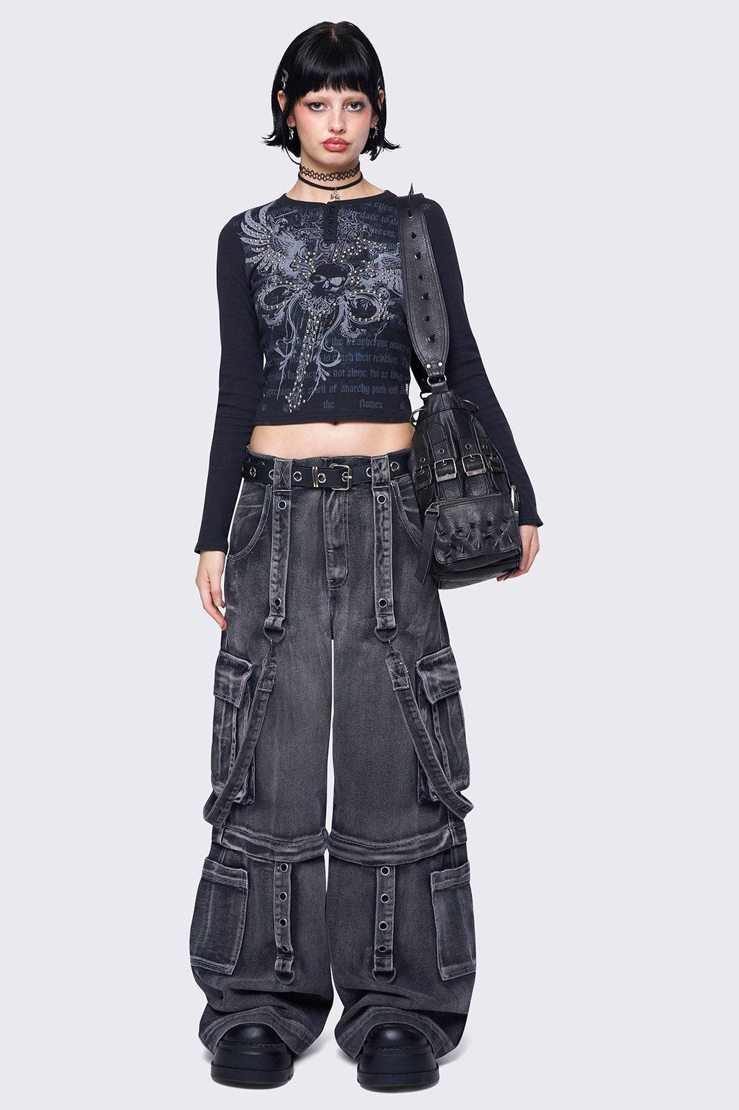 Grey Multi-Pocket Wide Leg Cargo Jeans | Minga London