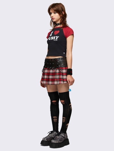 Pleated plaid skirt with leather waist