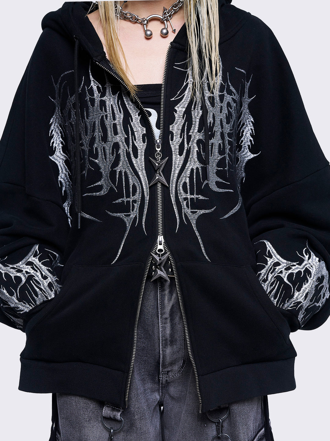 Black Zip-Up Hoodie with Sigil Embroidery | Minga London – Minga