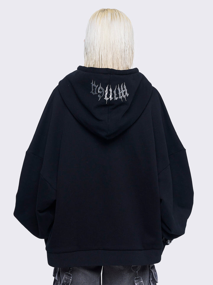 トップス minga london VENOM ZIP UP HOODIE Black Zip-Up Hoodie with Sigil Embroidery | Minga London – Minga
