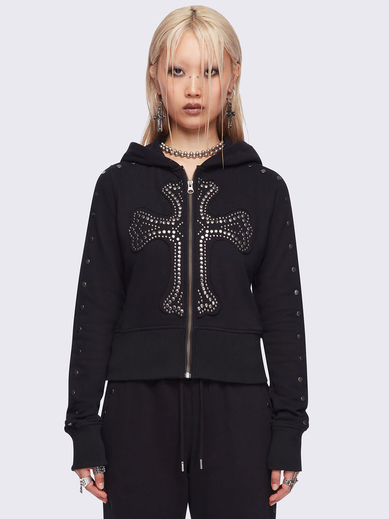 トップス minga london VENOM ZIP UP HOODIE Black Zip-Up Hoodie with Sigil Embroidery | Minga London