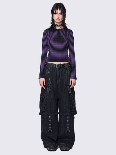 Slim-fit ribbed top with purple and black stripes, half button placket, Minga embroidered logo, and rounded neckline. Y2K and grunge-inspired style