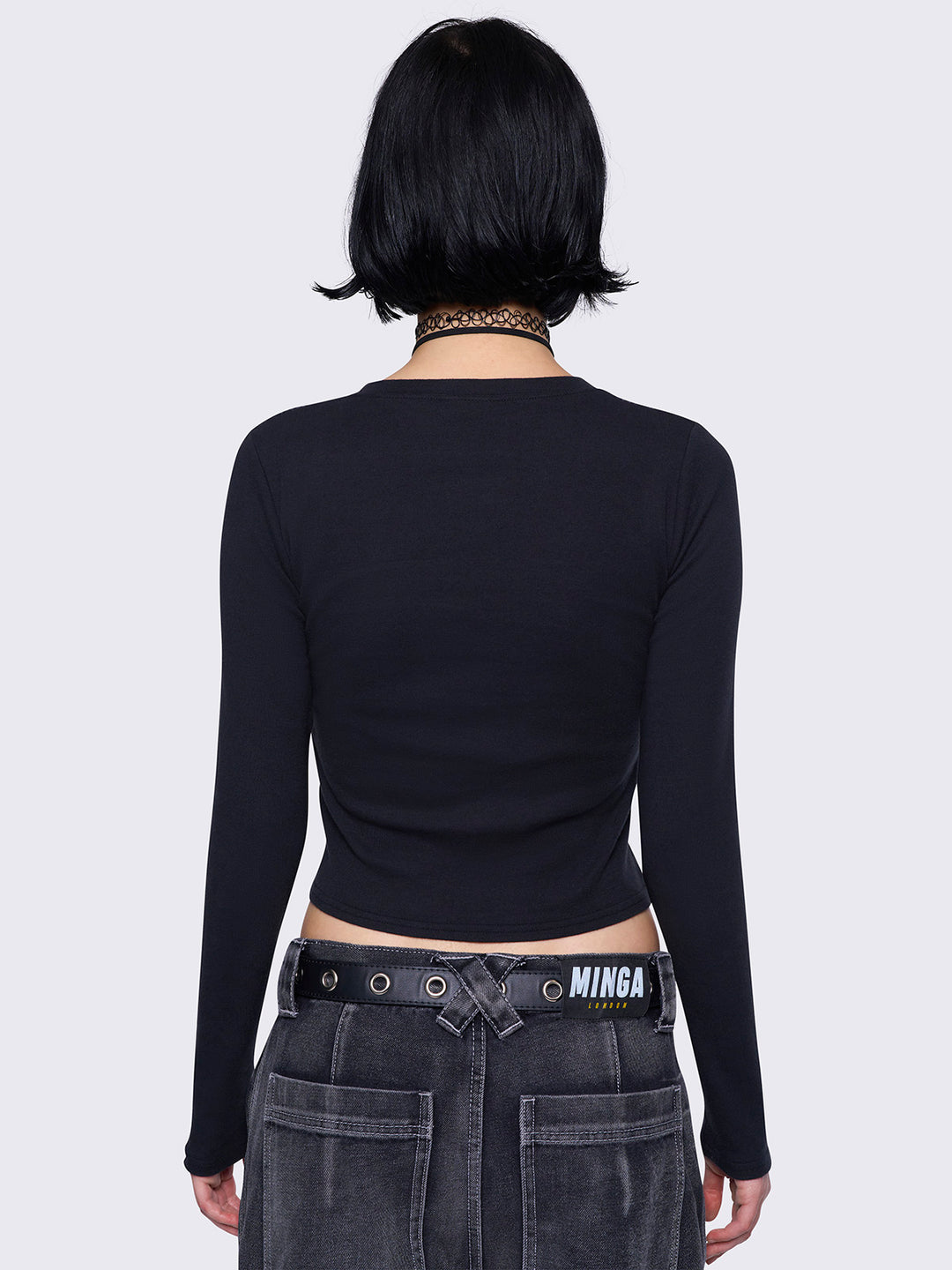 Black Graphic Long Sleeve Top with Rhinestones | Minga