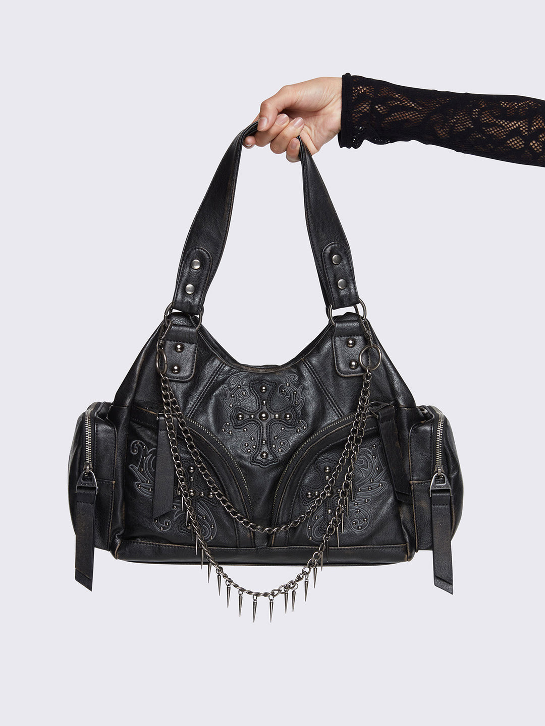 Black Vegan Shoulder Bag with Studded Cross, Spiked Chains