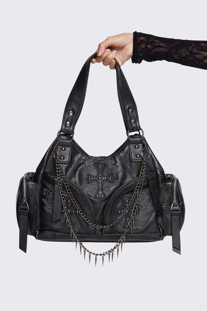 Black Vegan Shoulder Bag with Studded Cross, Spiked Chains
