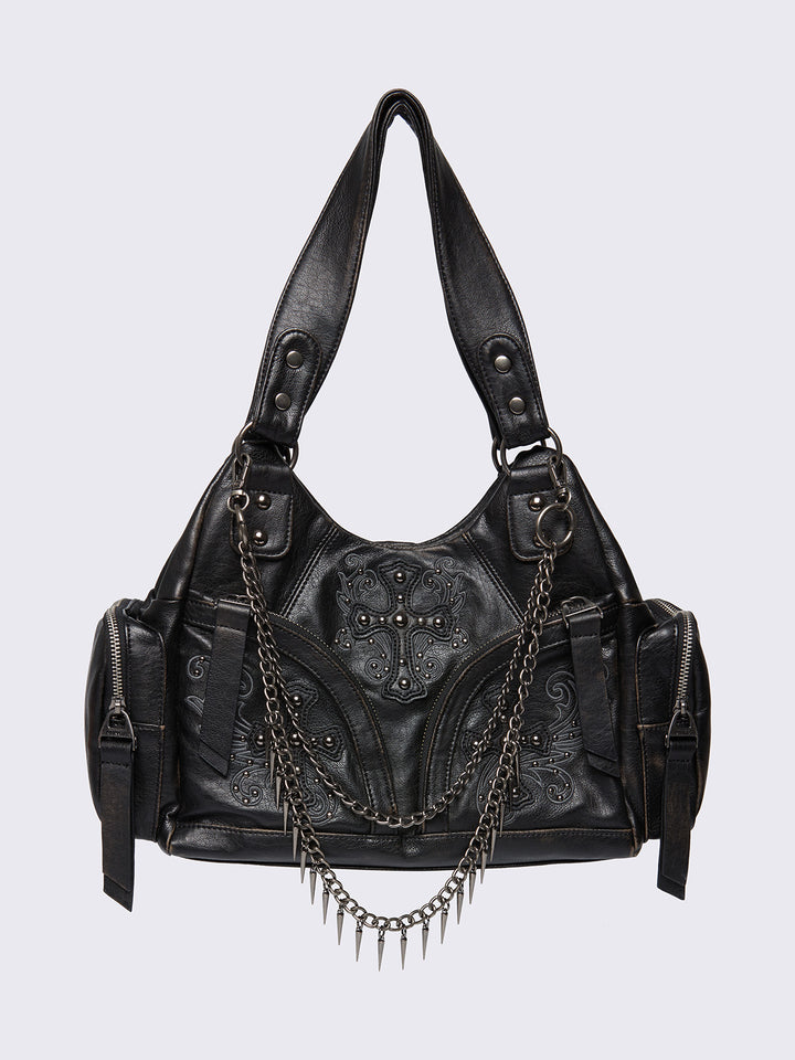 Black Vegan Shoulder Bag with Studded Cross, Spiked Chains