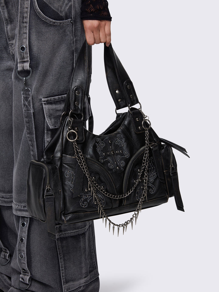 Black Vegan Shoulder Bag with Studded Cross, Spiked Chains