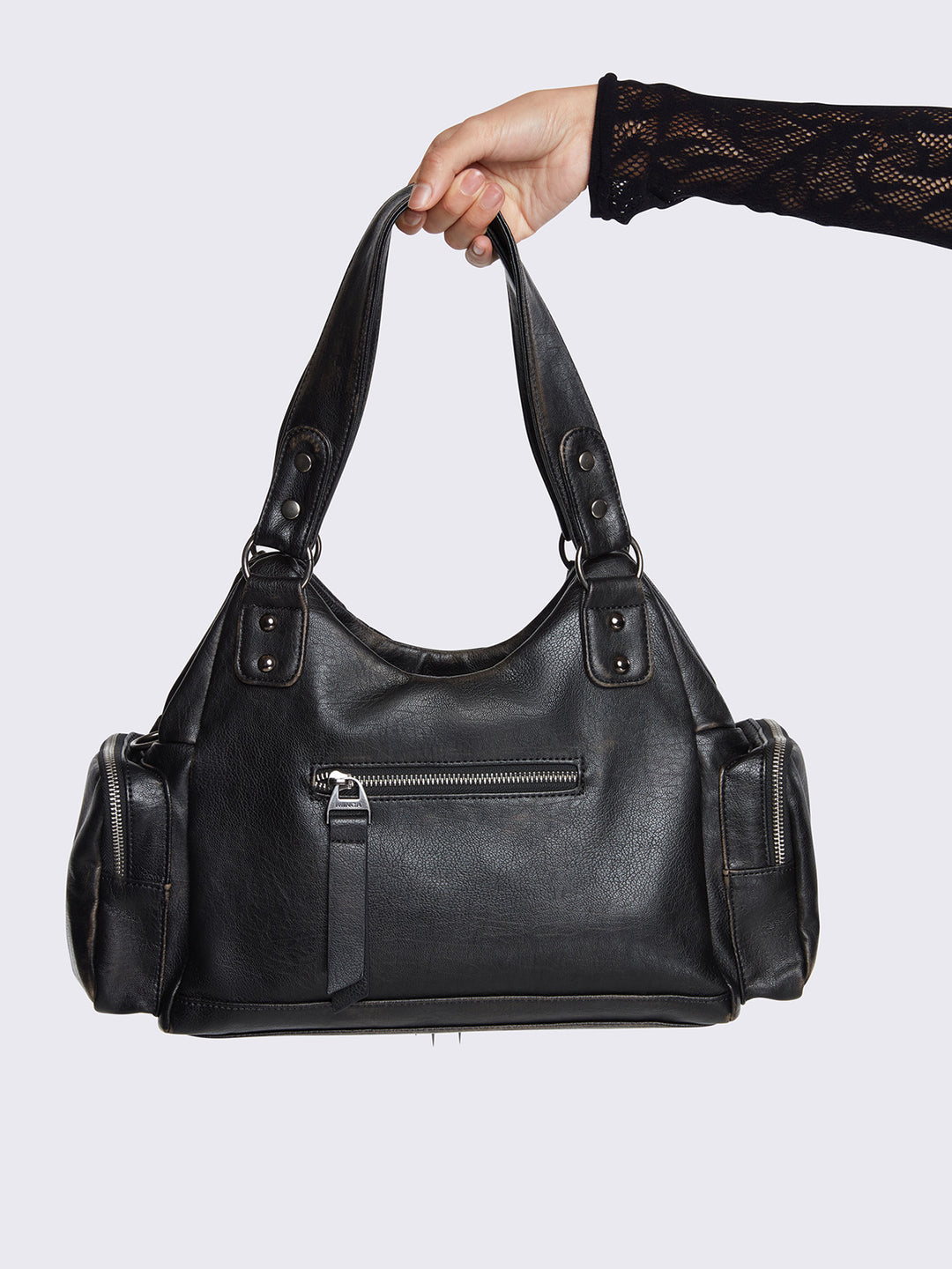 Black Vegan Shoulder Bag with Studded Cross, Spiked Chains