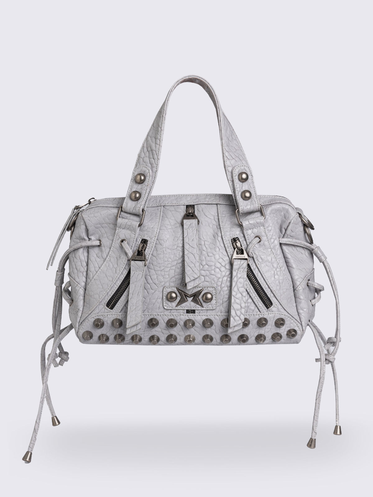 White faux leather shoulder bag with stud, lace up and metal hardware details