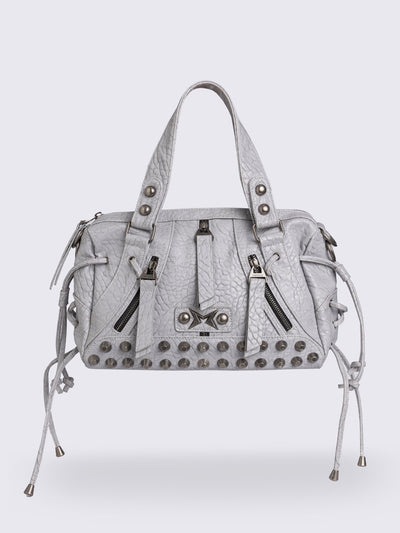 White faux leather shoulder bag with stud, lace up and metal hardware details