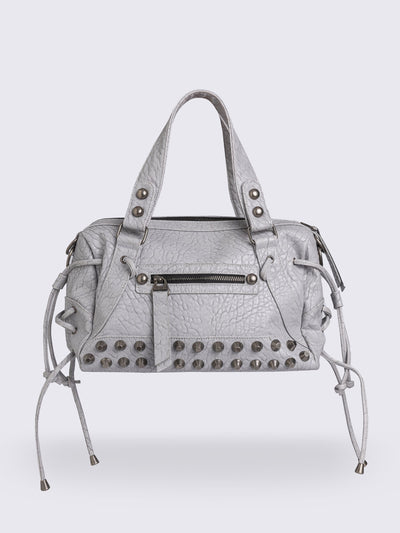 White faux leather shoulder bag with stud, lace up and metal hardware details