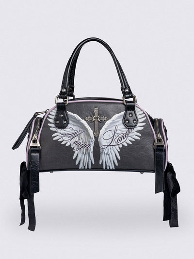 Black bowling bag with white wings graphic print, 3D cross metal stud and side exterior pockets with lace up bows.