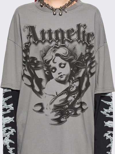 Grey layered long sleeve t-shirt with angelic graphic front print and contrast black sleeves with sigilism print.