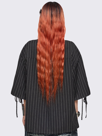 Black pinstriped shirt with white angels graphic front print and laced up details.