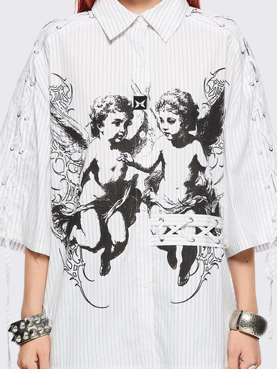 White striped short sleeve shirt featuring a black angels graphic front print and laced up details.