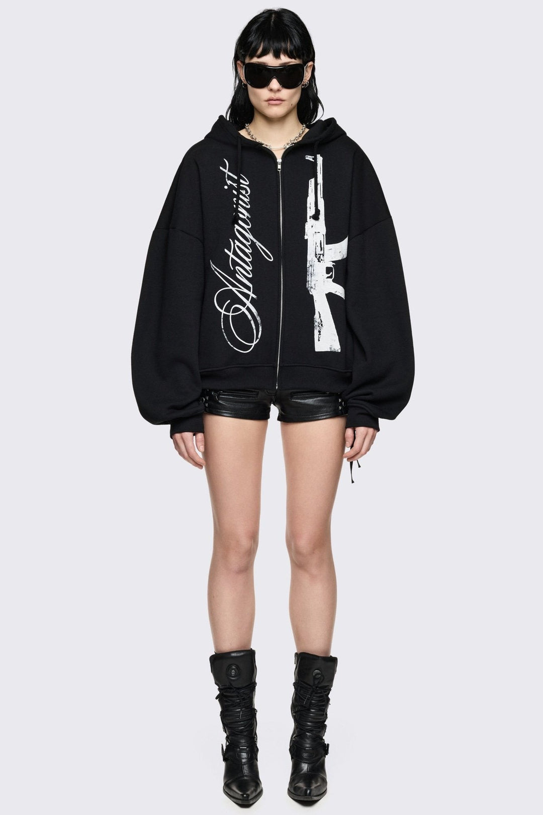 【WGONG】OVERSIZED HOODIE JACKET Oversized Black Zip Up Hoodie with Graphic Print | Minga London