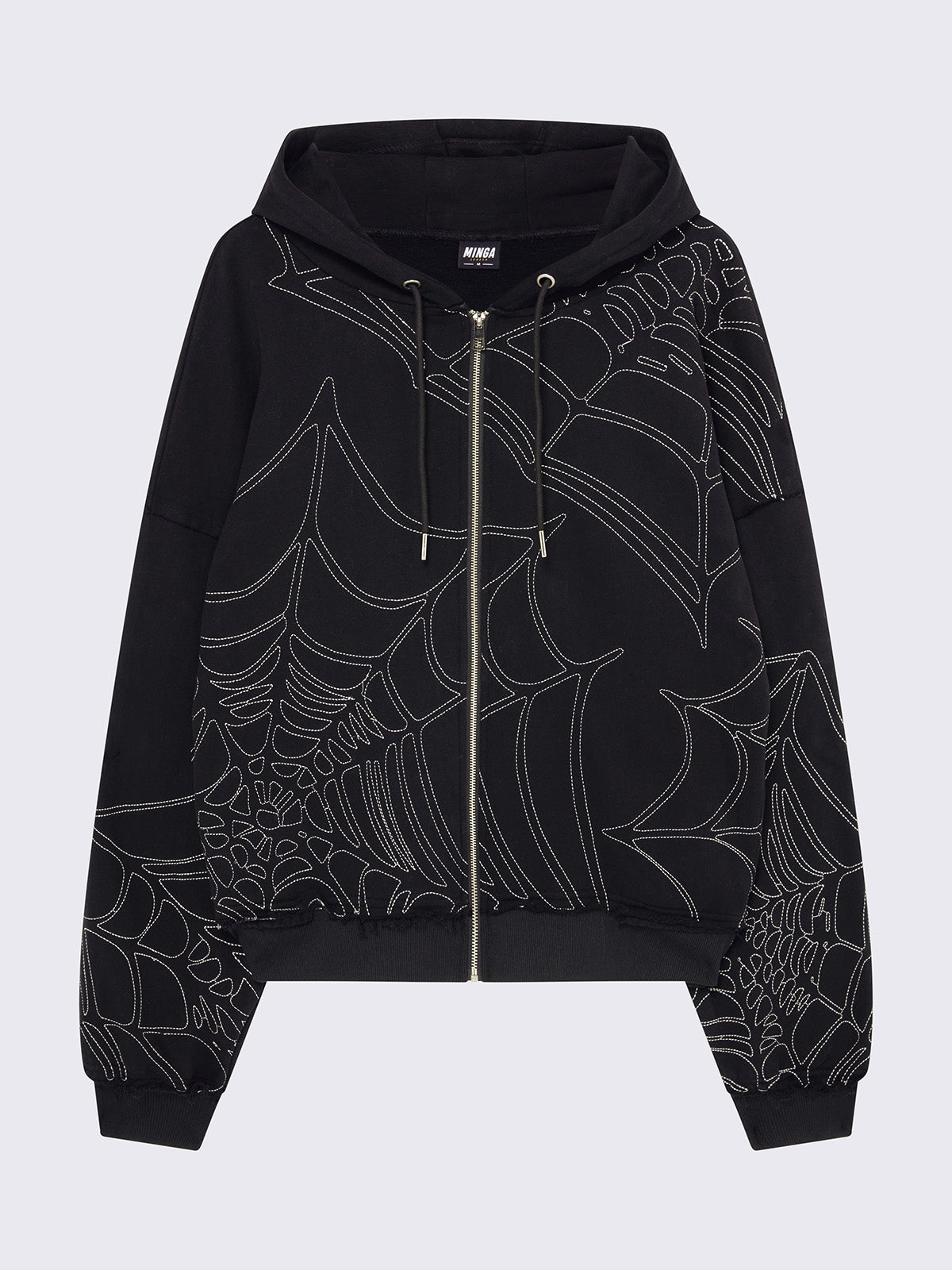 Zip up hoodie jacket in black with spider web graphic embroidery