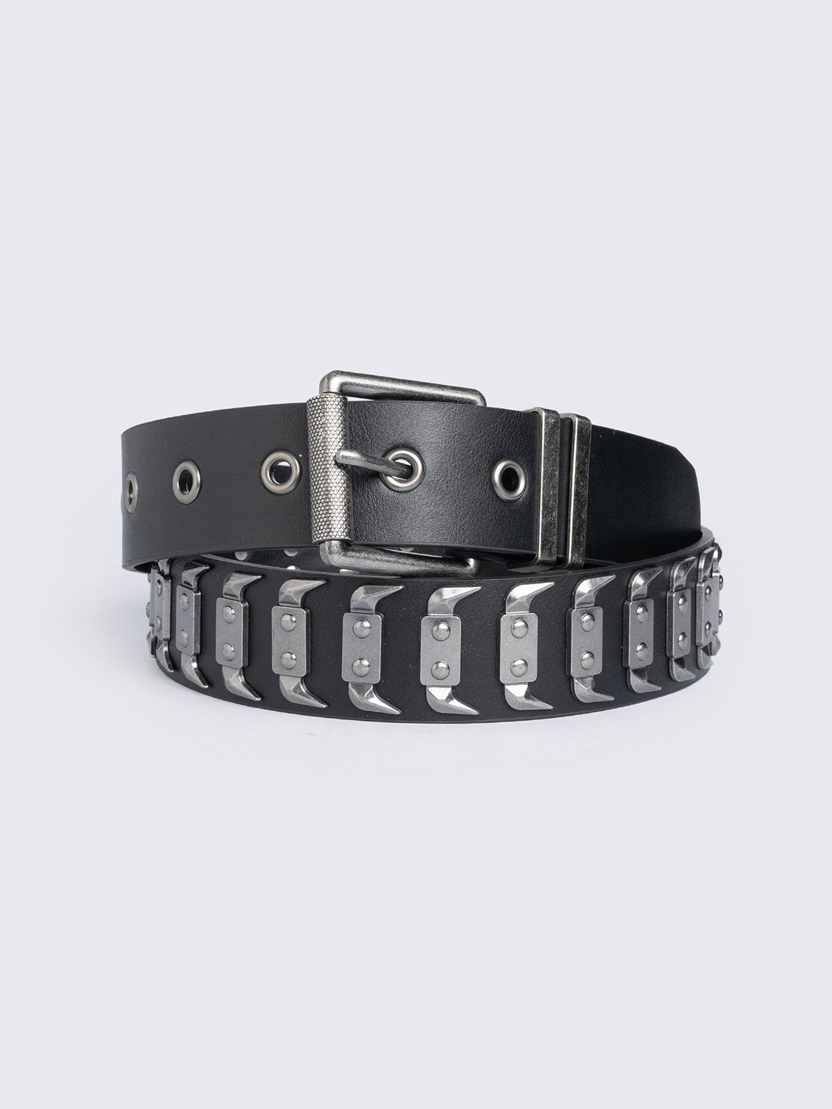 Black faux leather belt with hardware details. 