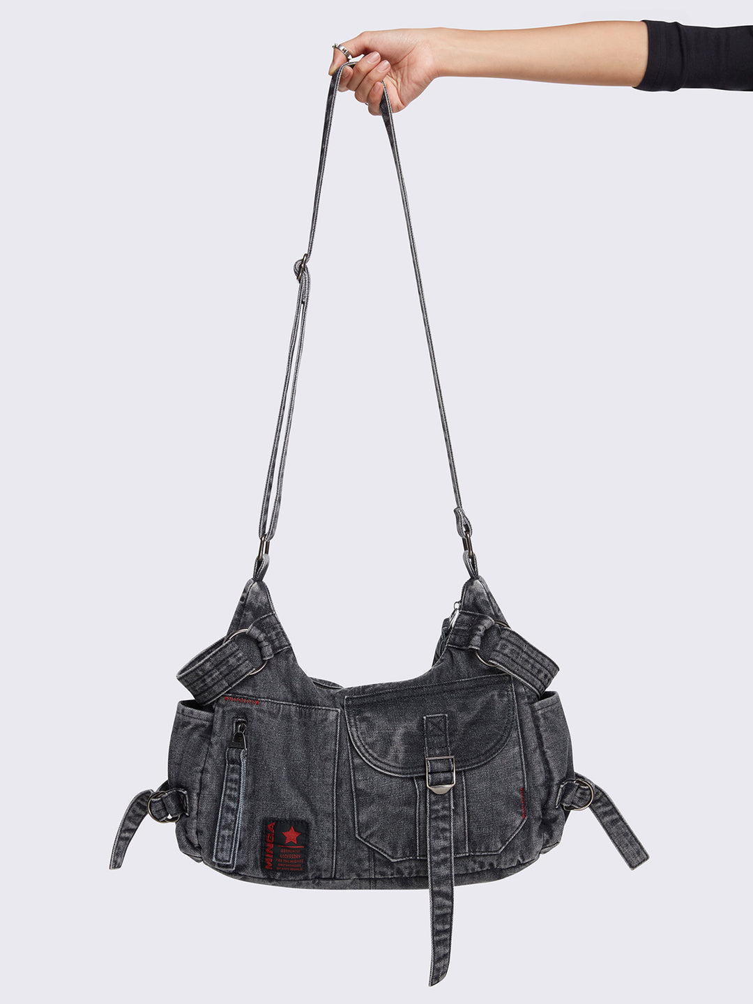 Grey Wash Denim Multi Pockets Crossbody Bag | Minga London