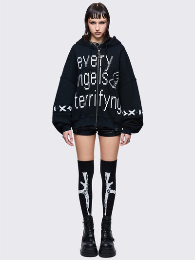 Black opaque thigh highs socks with white gun graphic design 