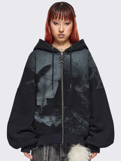 Black zip up hoodie jacket with grunge graphic print.